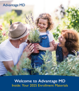 2025 Enrollment Materials cover featuring grandparents in a garden planting with their granddaughter