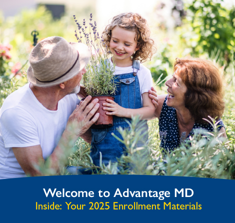 Welcome Kit cover with a family of a senior man and senior woman both smiling at a toddler girl smiling, holding a plant. Scenery in a garden.